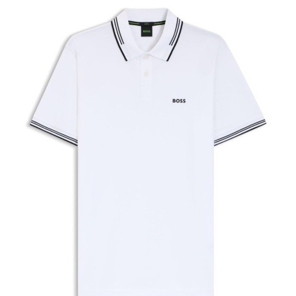 Boss Men's Stretch-cotton slim-fit polo shirt with branding and stripes size L